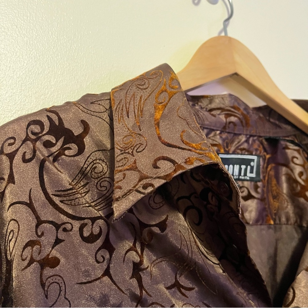 Pronti Collection Brown Satin Burnout Paisley Button Up Shirt Men’s 3XL Y2K - Picture 4 of 7